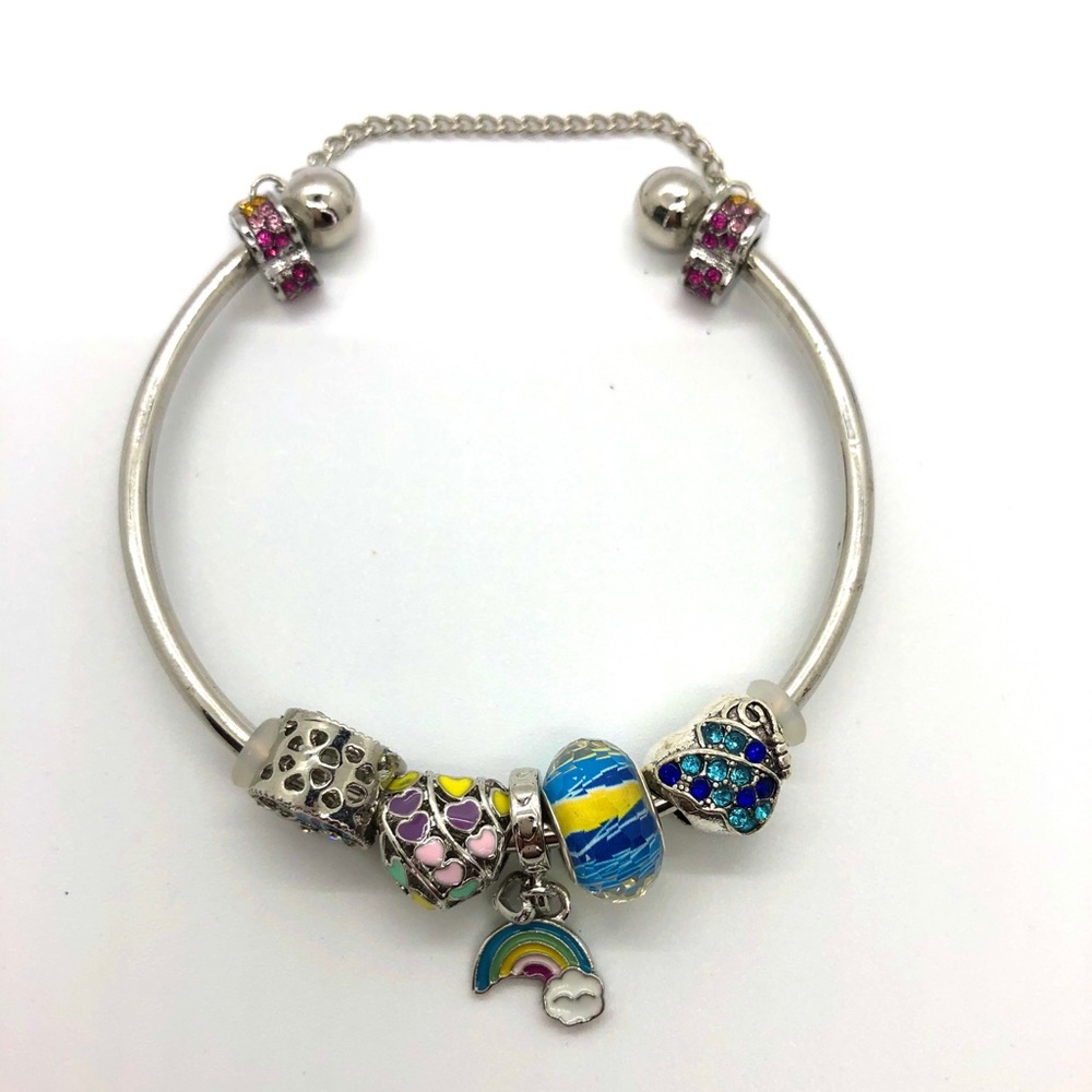 Silver Cuff Rainbow Charm Bracelet